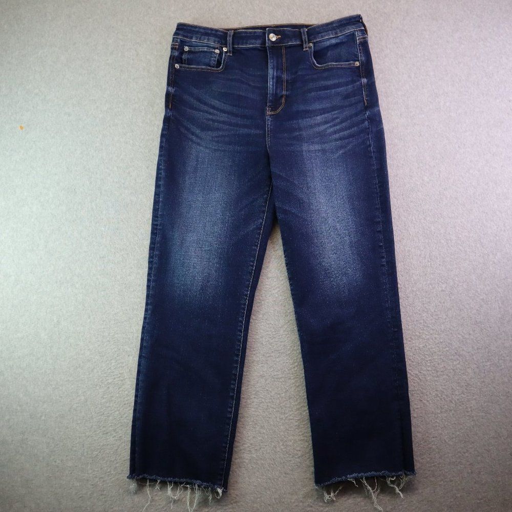 American Eagle Jeans Womens 16 Blue Slim Straight Crop Raw Hem Whiskered